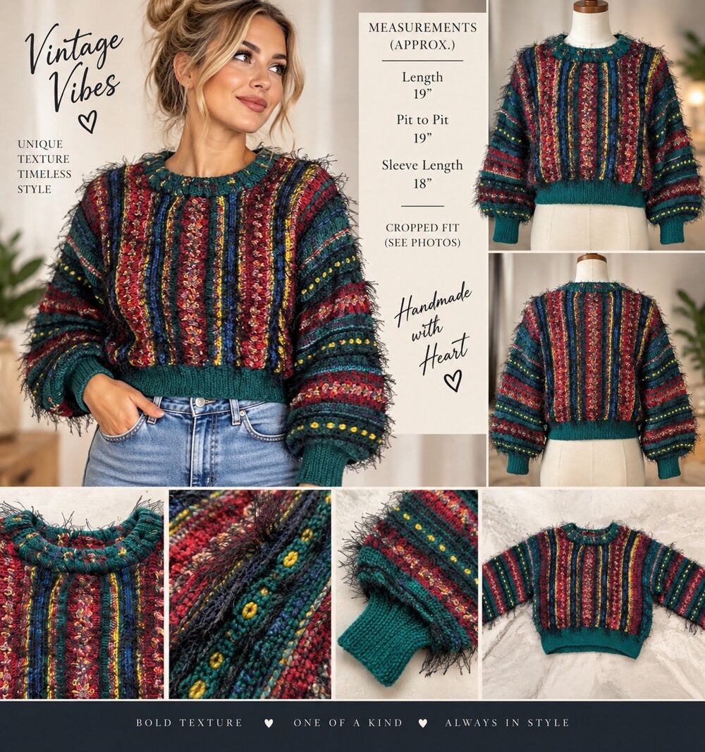 Handmade Style Chunky Knit Sweater Womens Cropped Multicolor Textured Boho